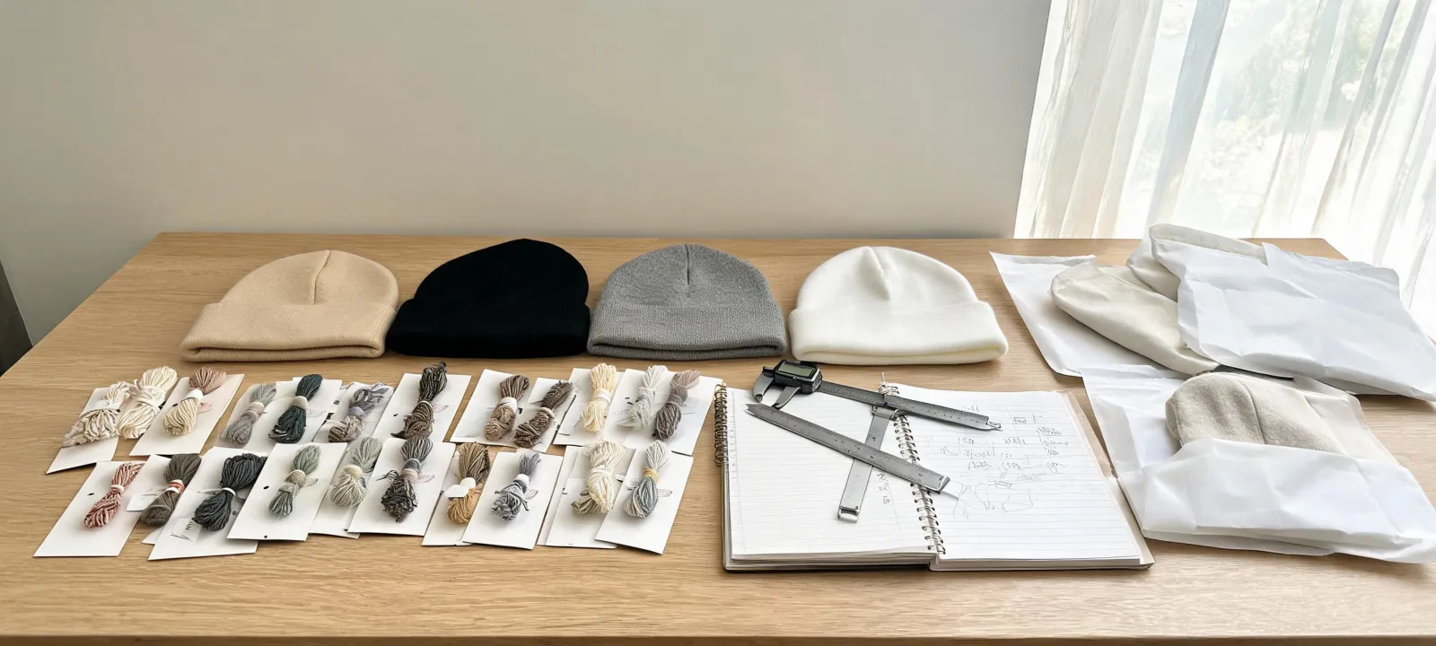 Beanie sample evidence laid out for buyer review