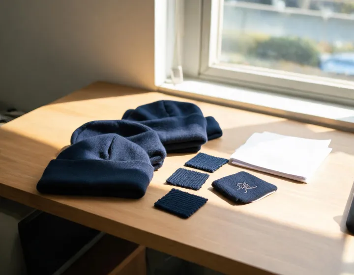 Beanie swatches, packing notes and embroidery layout on a buyer desk