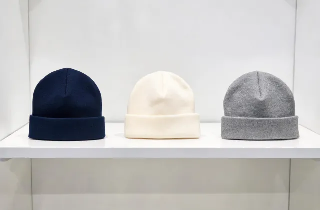 Knit headwear assortment on a retail planning rail